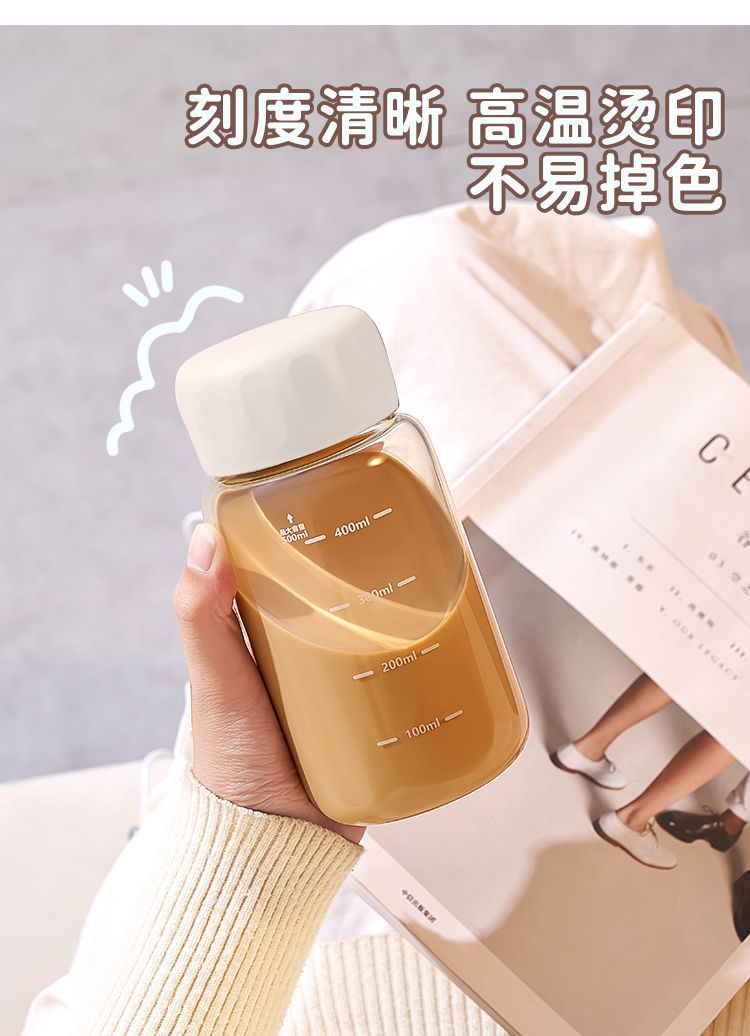 玻璃杯学生便携牛奶杯耐高温高硼硅豆浆杯家用带盖密封刻度水杯子详情9
