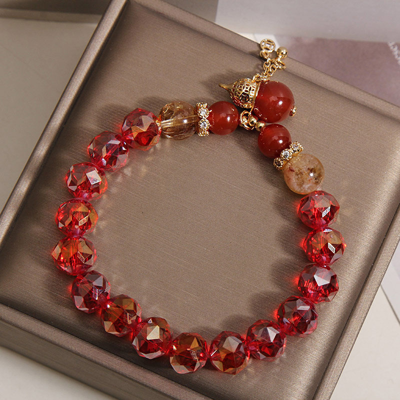 New Chinese-style red crystal bracelet for women, light luxury, niche and high-end feel, yellow tower crystal red agate gourd wealth attraction bracelet accessory pic 8