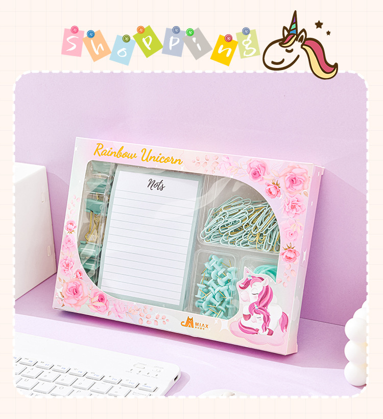 Wholesale macaron-colored paperclip stapler set, rubber band, horizontal thread, drawing pin, pin, long tail clip binding set pic 5