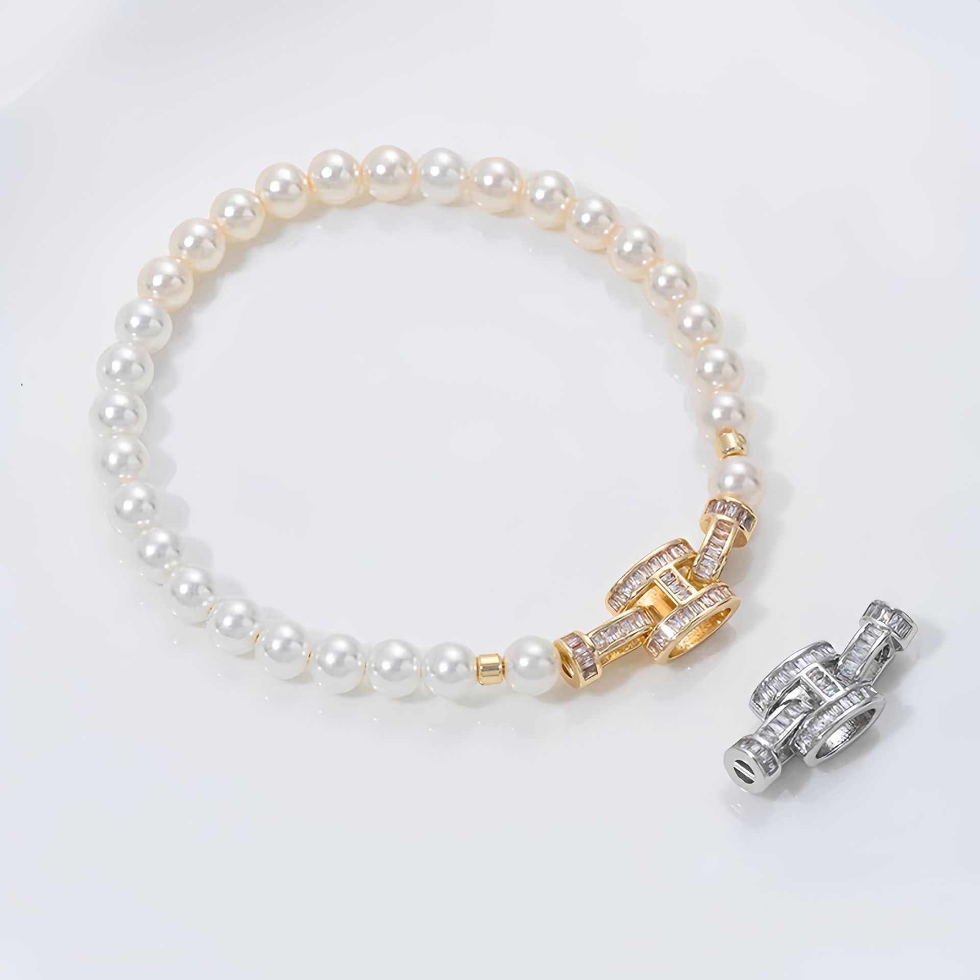 Micro-inlaid T-shaped zircon 18K gold-plated color retention double-ring pearl buckle bracelet, sweater necklace, camellia diy accessory matching pic 5