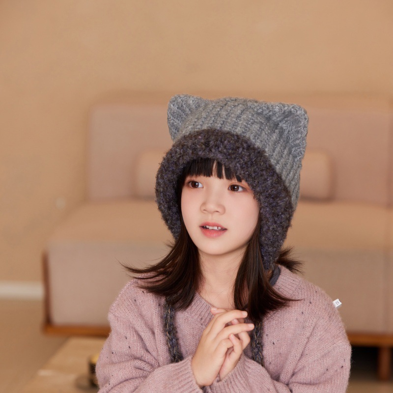 秋冬儿童护耳毛线帽时尚保暖猫耳朵女童可爱毛线帽针织帽韩版百搭详情7