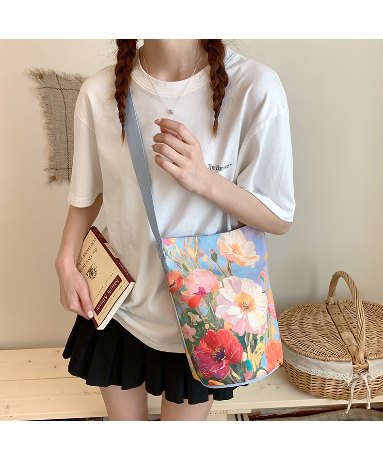 大容量国风印花水桶包女创意花卉个性手提单肩包设计感休闲斜挎包详情35