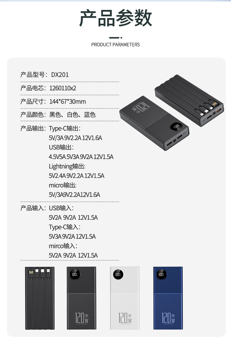 Customized new super fast charging 120W power bank with built-in cable, 20,000mah large-capacity mobile phone power bank pic 24