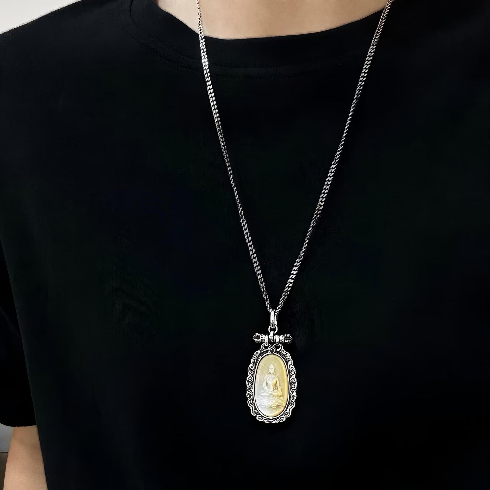 S925纯银天然贝壳雕刻药师佛吊坠时尚百搭高级祥云民族风项链挂坠详情9