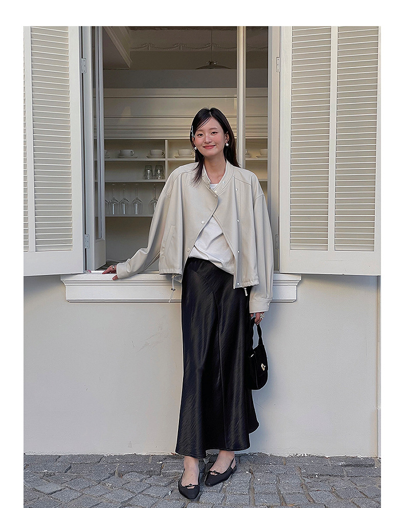 【歌铭】韩系通勤立领皮衣夹克女春季新款复古机车服短外套W733B详情36