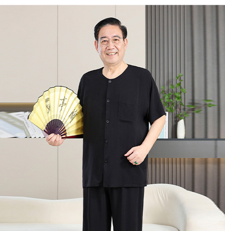 中老年棉绸男士开衫爷爷居家服套装唐装短袖长裤睡衣休闲爸爸装夏详情10