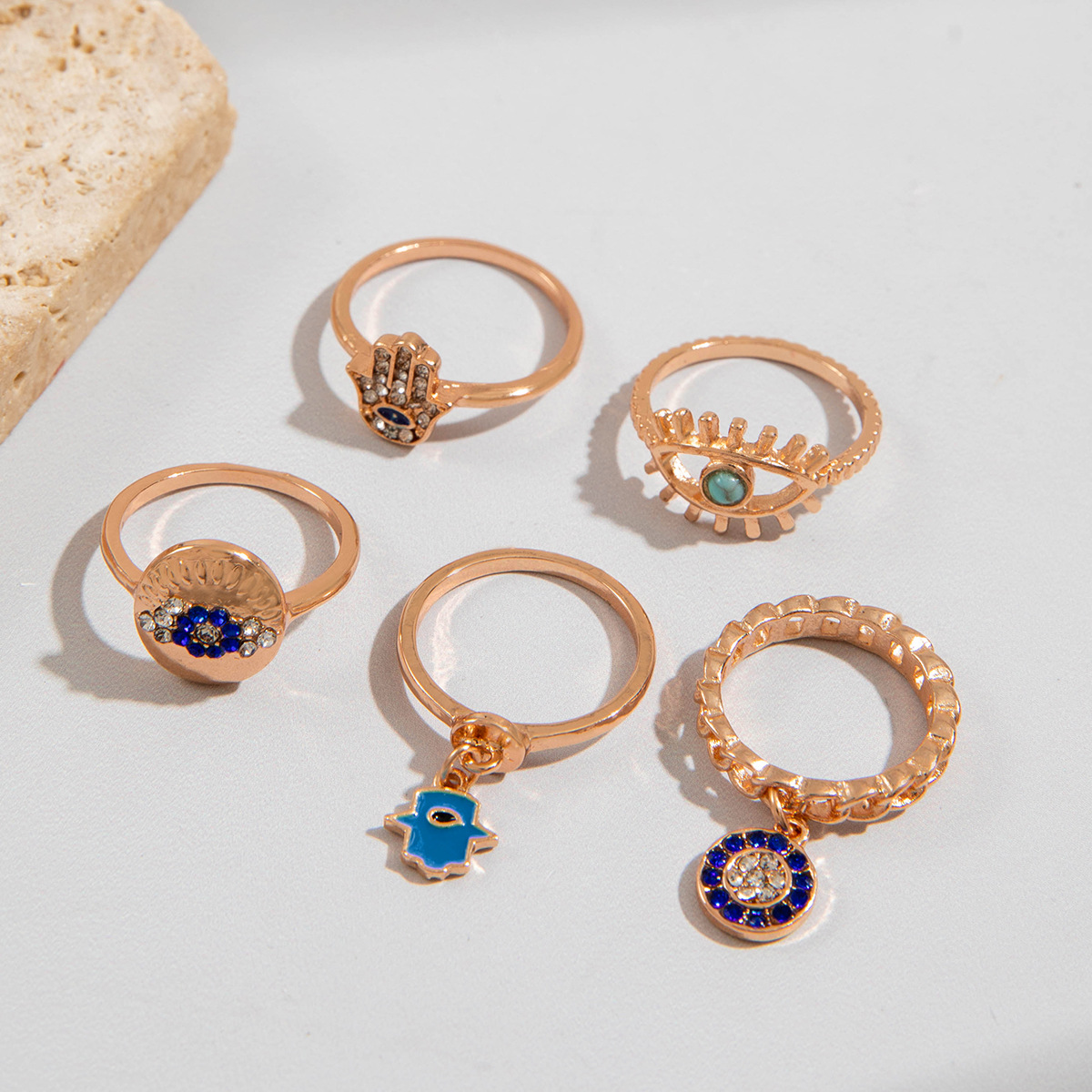 欧美跨境复古金属仿祖母绿镶钻戒指套装设计感爱心蛇形戒指套装女详情5