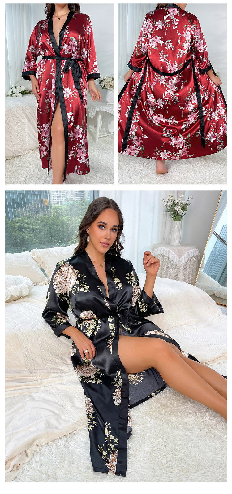 雅尼纺YANNI跨境加肥加大码睡衣女时尚休闲宽松印花睡衣女长款仿真丝性感睡裙 中东南美外贸出口批发详情7