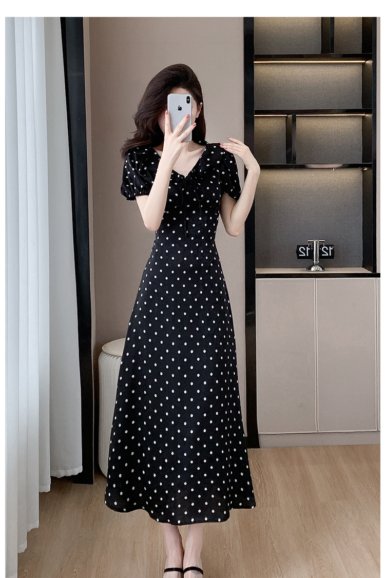 High-quality summer Korean-style sweet and slimming dress with lotus leaf collar, waist-cinching tie, puffed sleeves and jacquard polka dot pic 21