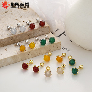925纯银圆形玛瑙螺纹耳钉女简约ins彩色玛瑙耳骨钉个性气质耳饰品详情1