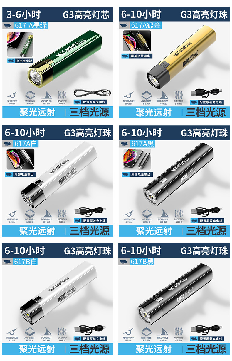 微笑鲨强光便携手电筒 可充电宝迷你学生小家用灯户外远射led电筒详情1