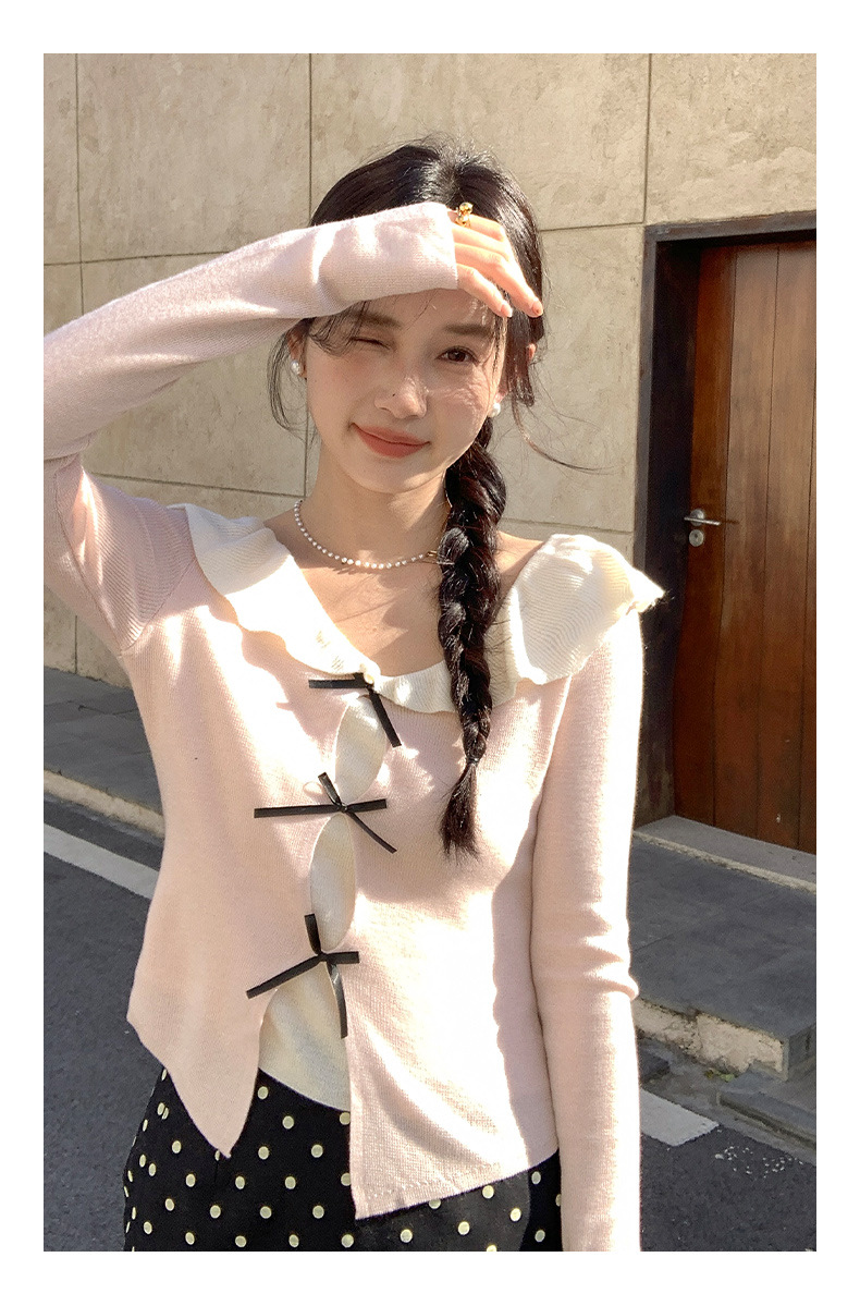 衣尔衫 设计感 假两件娃娃领蝴蝶结针织衫女短款温柔修身气质0337详情36