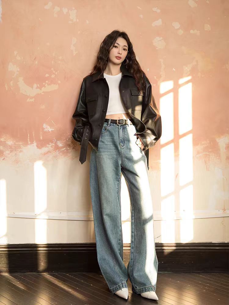 「Y*L宋佳皮衣」休闲翻领 衬衫式皮衣配腰带短外套女泡皮绵羊皮经详情11