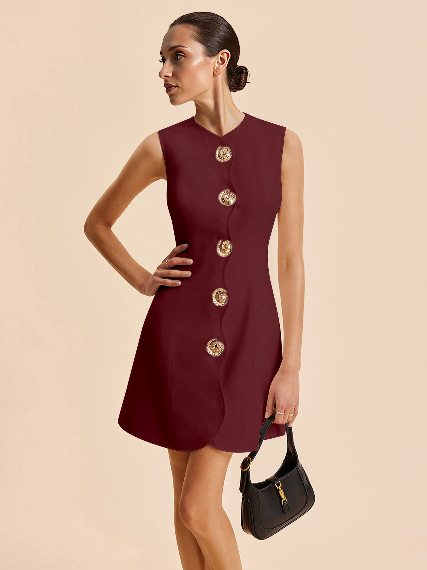 夏欧美外贸跨境女装亚马逊精品爆款无袖圆领系扣纯色短款连衣裙详情15