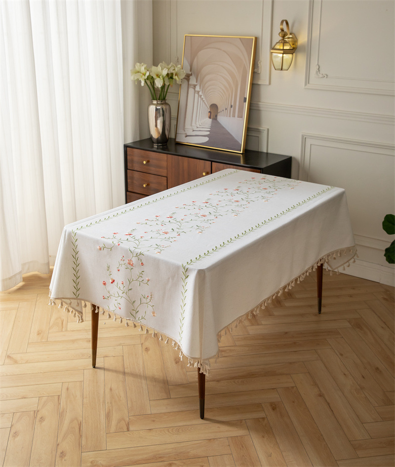 Amazon cross-border embroidered checkered flower tassel tablecloths, rectangular coffee tables, tablecloths and table coverings manufacturer embroidery pic 2
