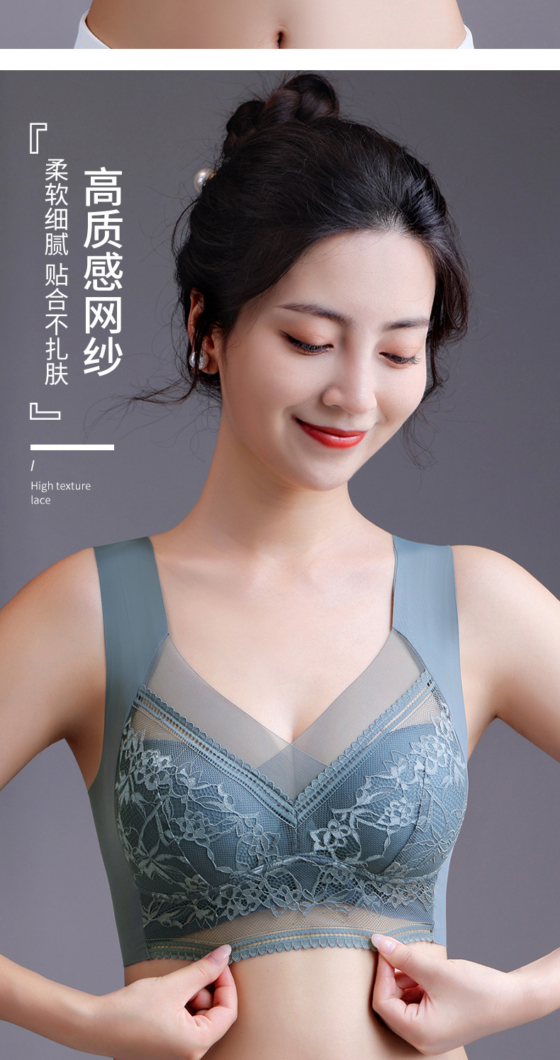 跨境蕾丝大码背心无痕冰丝聚拢透气薄款文胸美背大胸显小固定内衣详情12