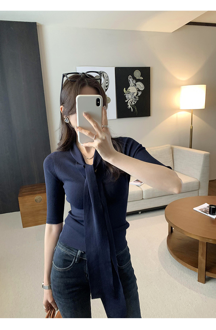 法式别致辣妹V领系带修身短袖针织衫女春夏2025新款气质显瘦上衣详情19
