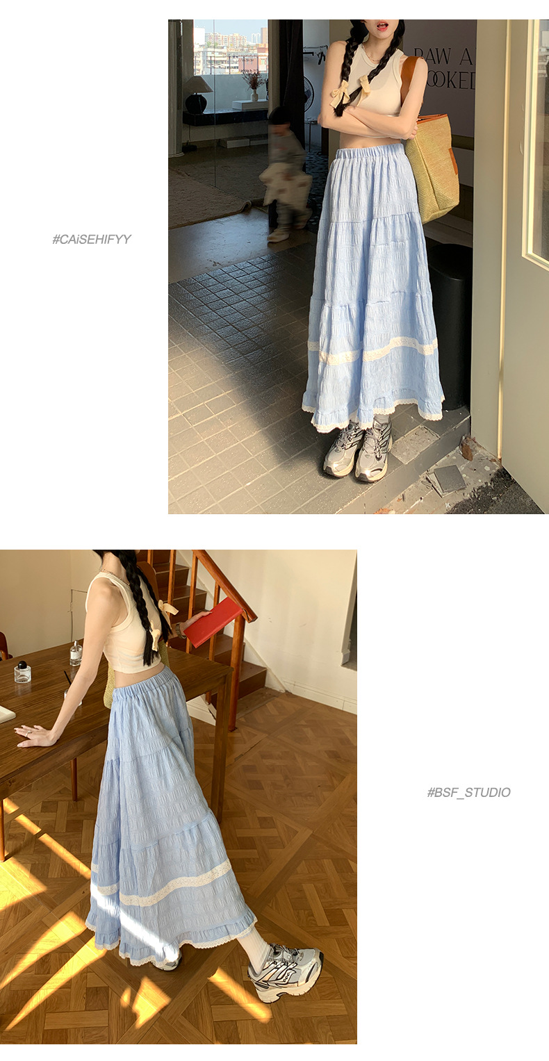 Fashionable lace-edge forest-themed A-line long dress for Spring/Summer 2024, high-waisted sweet blue checkered loose and versatile half skirt pic 8
