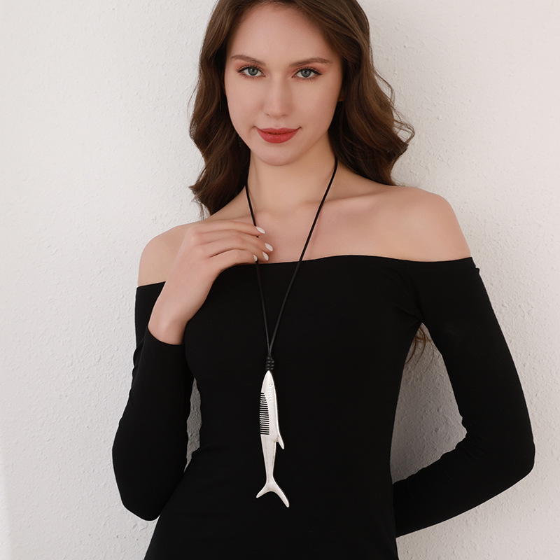 跨境亚马逊欧美定制长项链鱼形吊坠简约风独特设计毛衣链时尚饰品详情7