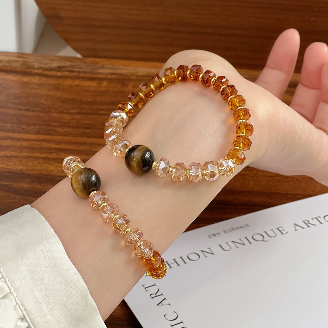 Cut yellow tower crystal bracelet, tiger's eye stone bead women's style beaded bracelet, light luxury earth tone jewelry in stock wholesale pic 4