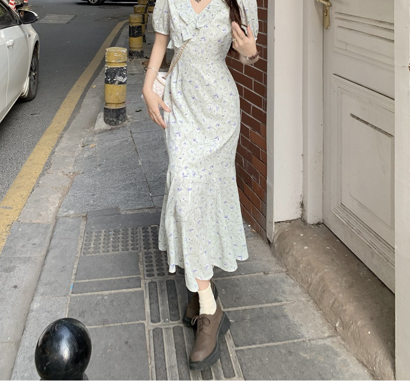 短袖碎花连衣裙中长款鱼尾裙新款初恋气质时尚温柔风裙子详情10