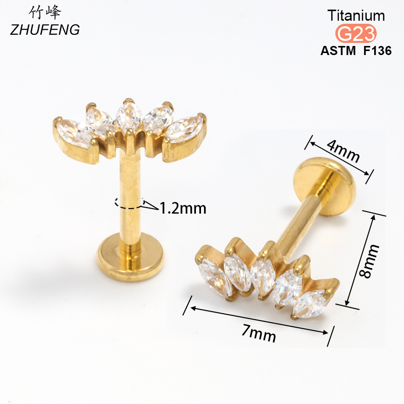 F136钛合金镶锆石耳钉时尚高级感镀金不掉色耳骨钉内牙螺旋唇钉详情9