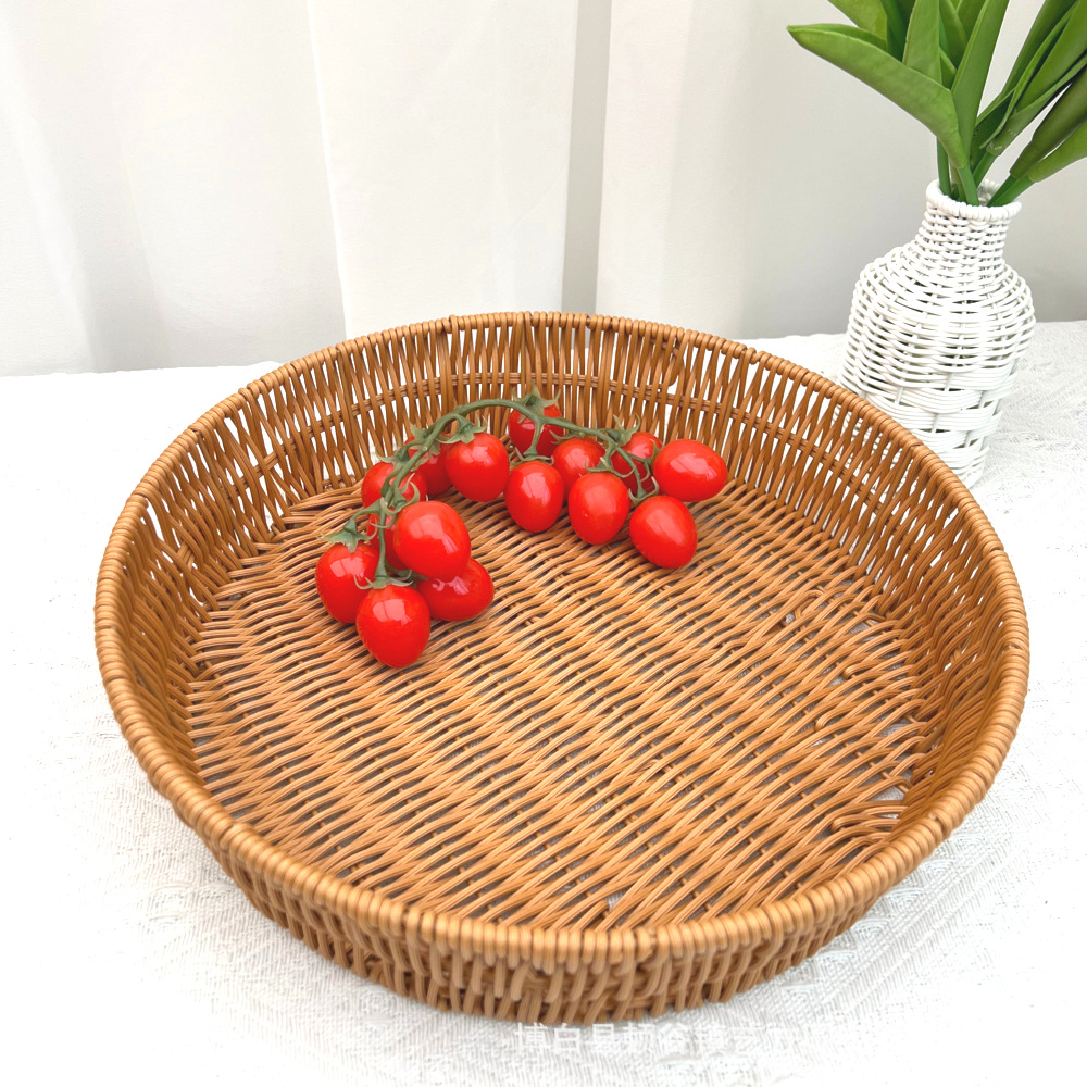 手工编织仿藤塑料圆形水果篮子零食面包收纳筐家用储物杂物工艺品礼品民间竹编详情3