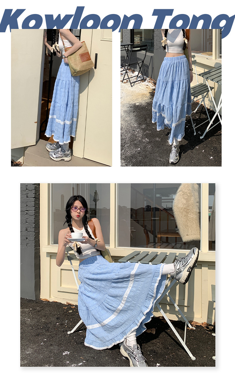 Fashionable lace-edge forest-themed A-line long dress for Spring/Summer 2024, high-waisted sweet blue checkered loose and versatile half skirt pic 5