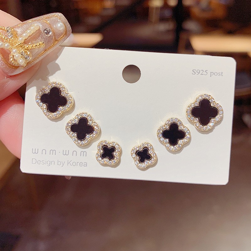 s925银针微镶锆石四叶花三件套耳钉女气质时尚简约小巧耳环耳饰女详情19