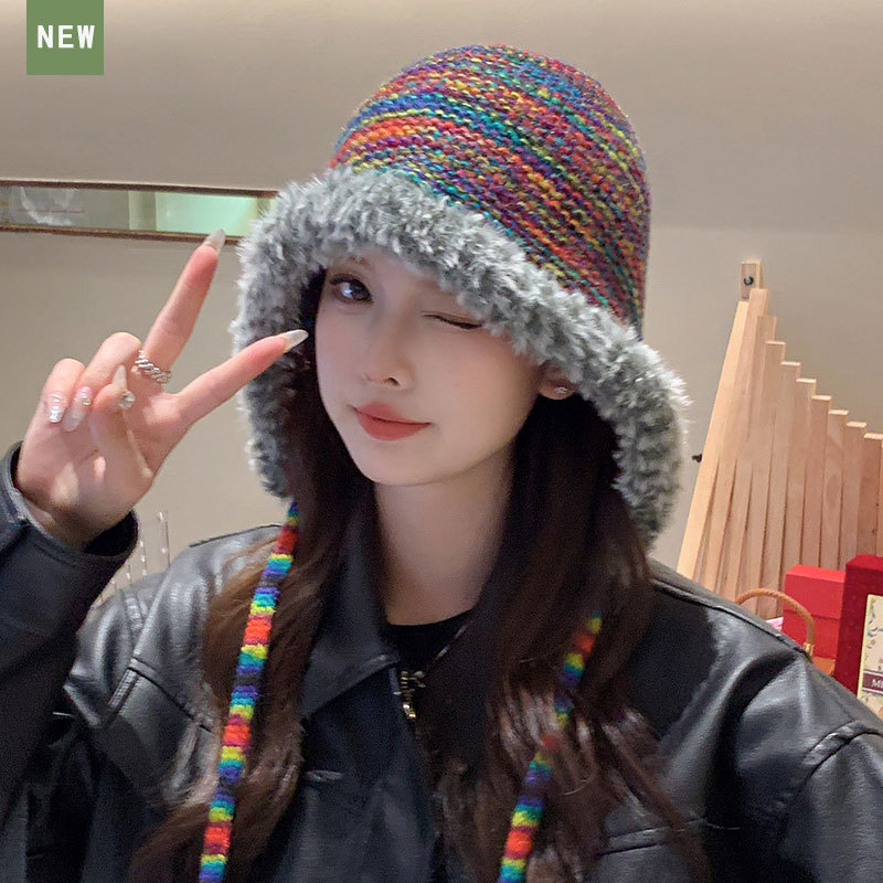 A cute rainbow gradient knitted hat for women in autumn and winter, warm, ear-protecting and face-enhancing small woolen headscarf pic 6