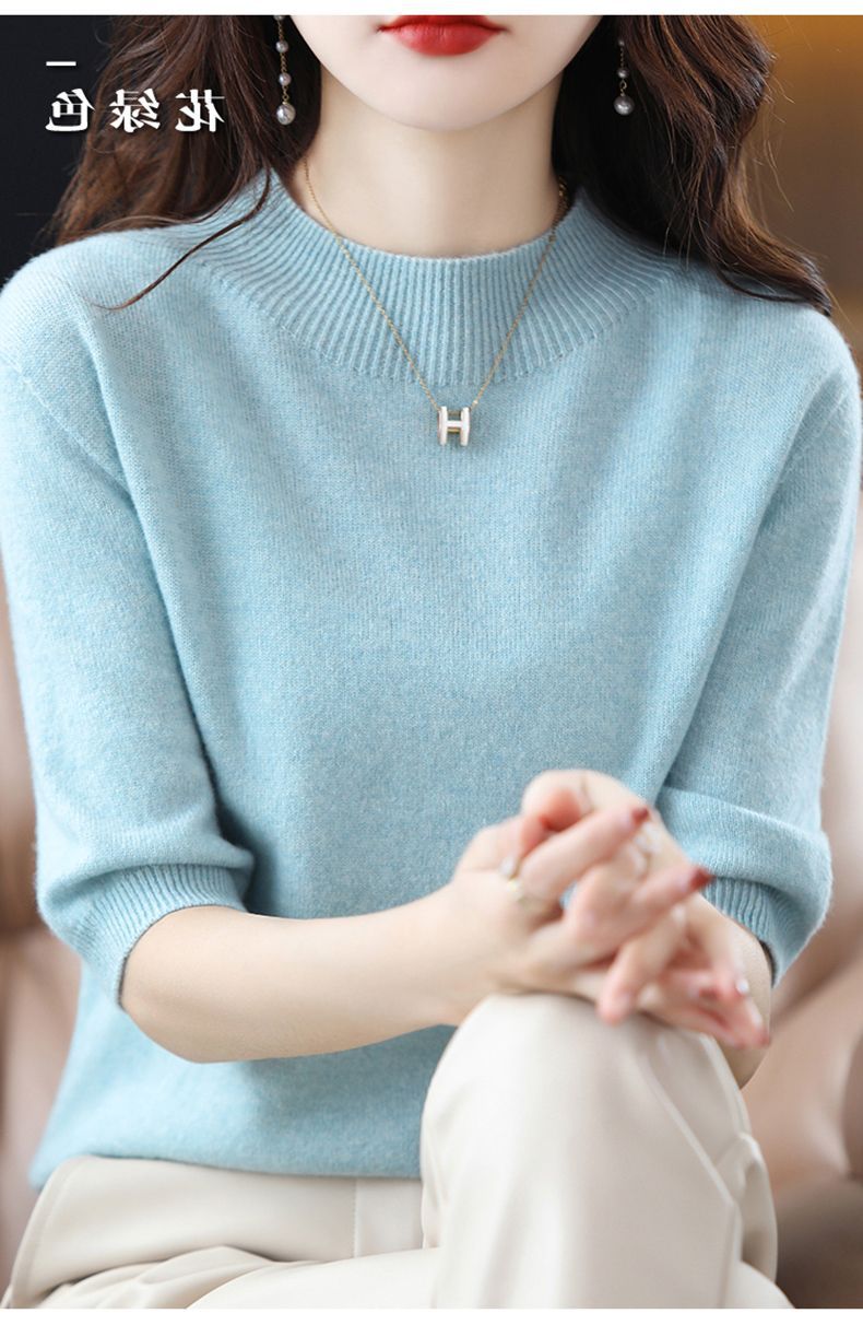 A semi-high-neck casual knitted sweater for women in spring 2023, in a solid color, paired with a half-sleeved base layer sweater T-shirt pic 26