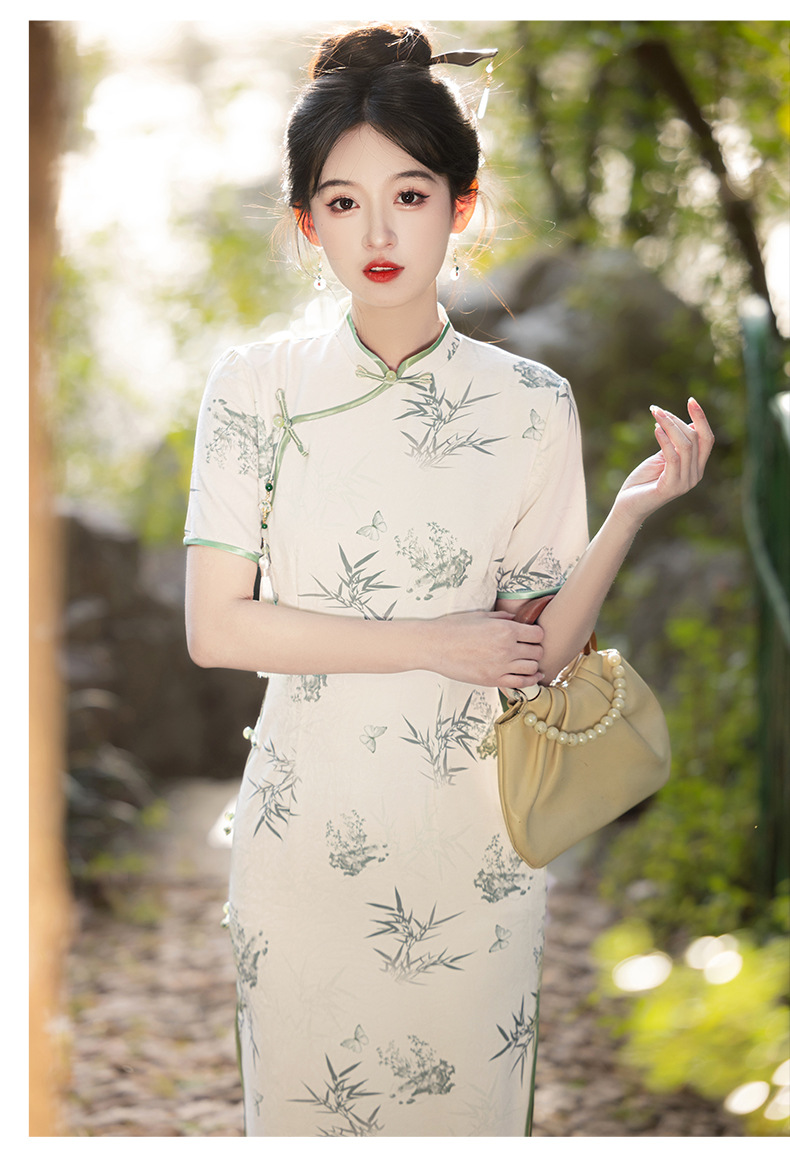 国潮富贵竹绿色旗袍长款 新中式改良短袖年轻款 日常高考送考旗开得胜详情13