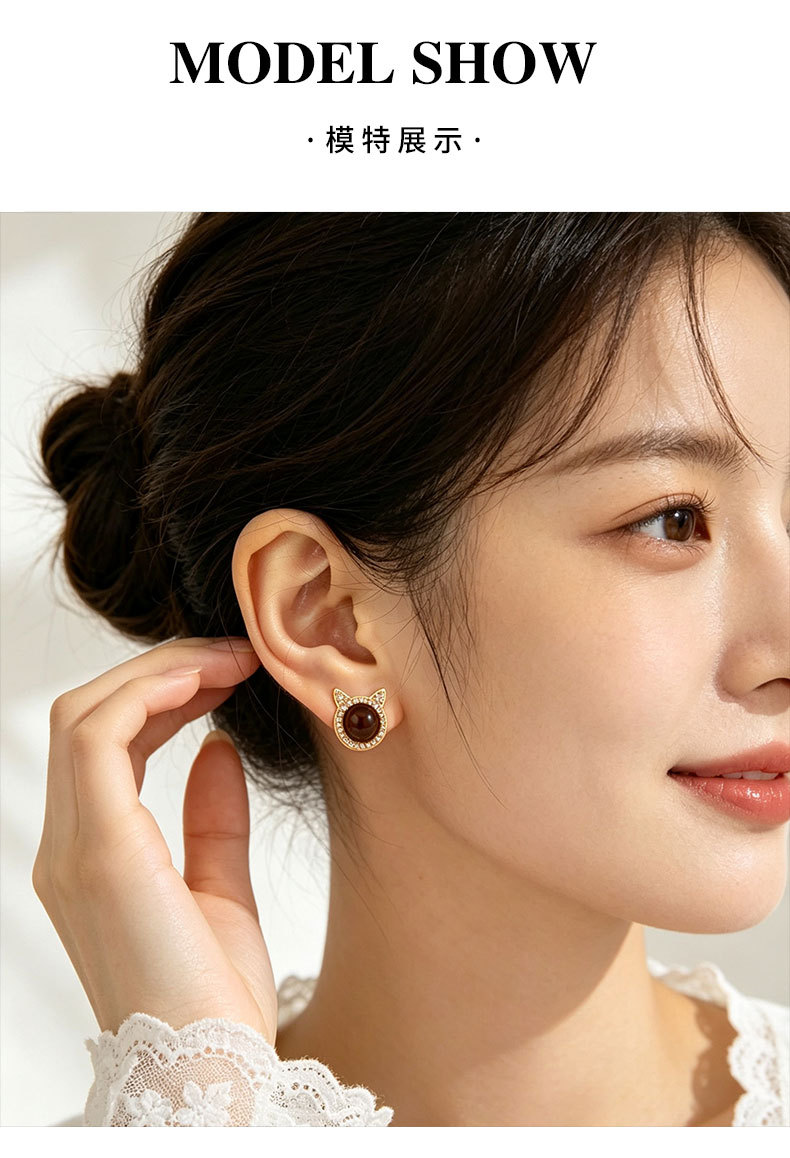 源头工厂可爱猫咪头耳钉原创设计铜合金镶锆虎眼石s925银针女耳饰详情10