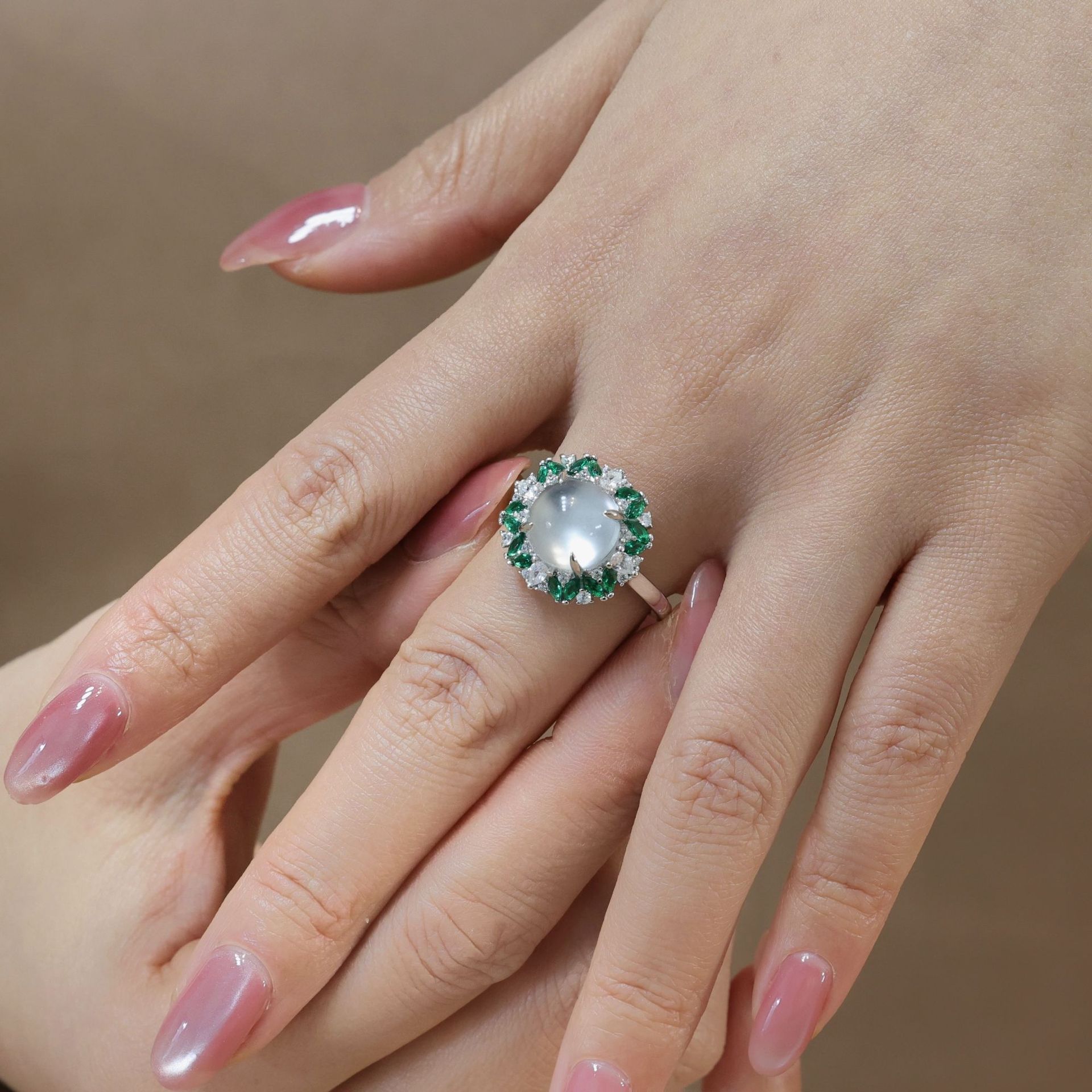 新中式国风蛋面天然水沫玉项链戒指套装S925银祖母绿宝石吊坠饰品礼盒详情12