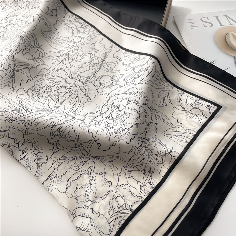 National trend peony flower small silk scarf, spring and summer satin versatile scarf, thin sun-protective headscarf, 70cm faux silk square scarf pic 7
