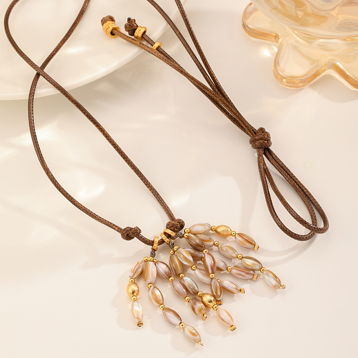 娜莎民族风小众设计麦穗贝壳珠流苏吊坠蜡绳项链高级感叠戴项饰详情9