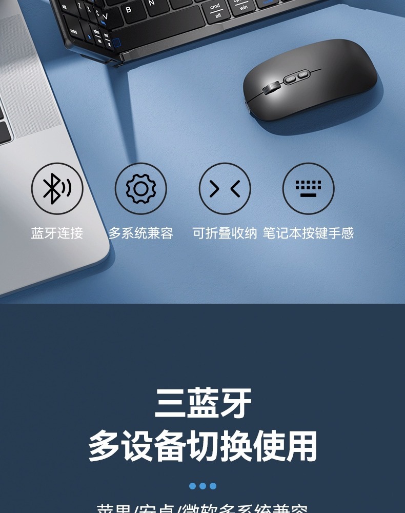 Cross-border three-fold keyboard, wireless Bluetooth, foldable small keyboard, suitable for desktop computers, Xiaomi notebook set pic 2