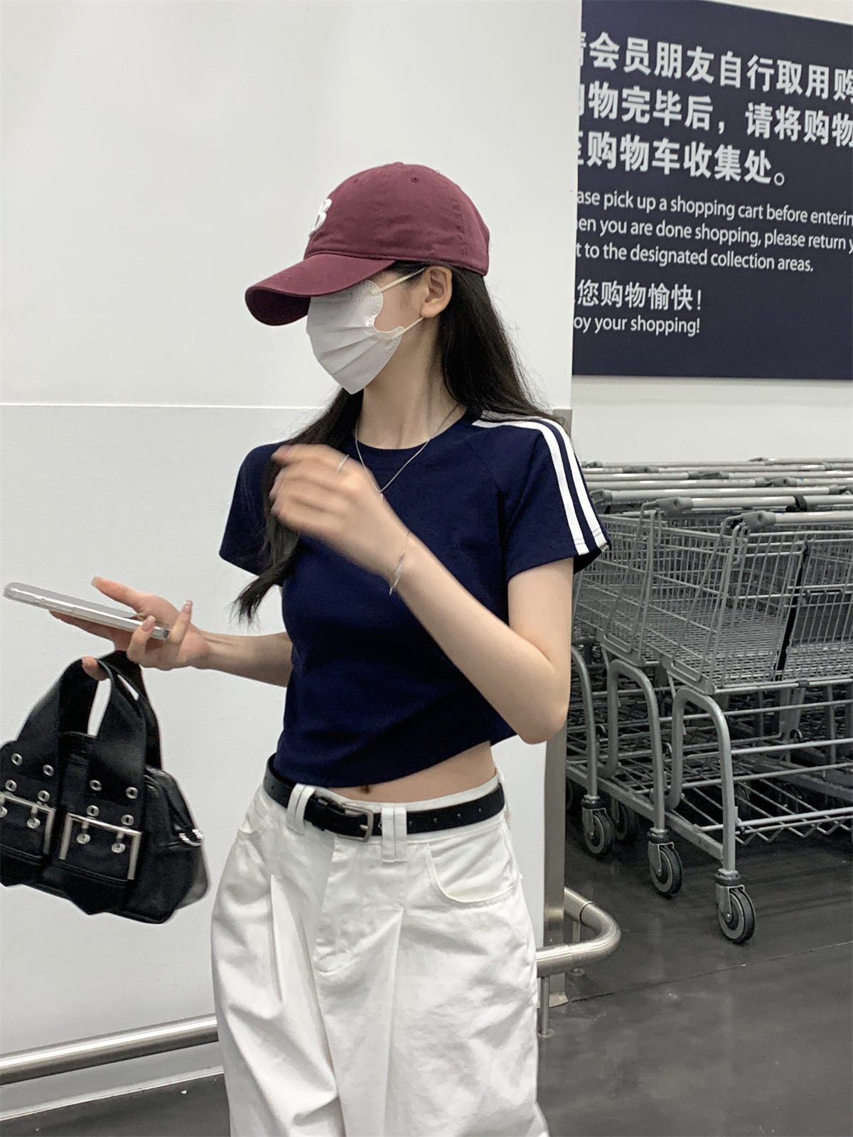 美式2024夏季新款韩版圆领修身插肩杠条显瘦百搭短袖T恤女装上衣详情3