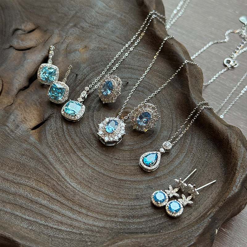 Blue necklace stud earrings collection, all-silver necklace, exquisite and elegant commuting collarbone chain, s925 silver versatile jewelry pic 6