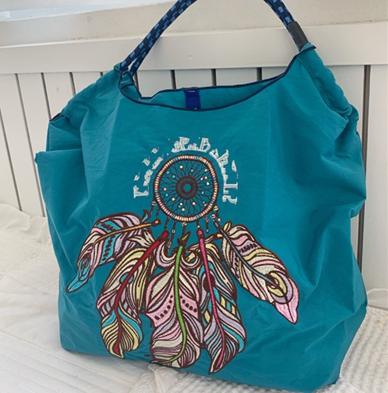 New feather embroidery eco-friendly bag, large-capacity nylon crossbody, foldable portable hand-held shopping bag, single-shoulder bag pic 4