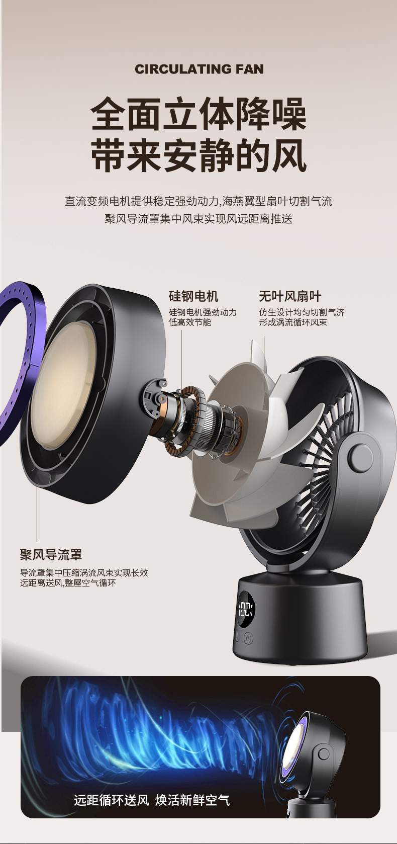 Silent usb small fan turbine powerful desktop hanging digital display electric fan, desktop stepless adjustment fan M141 pic 4