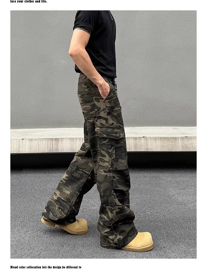 美式复古多口袋阔腿水洗迷彩工装牛仔裤男女小众休闲宽松直筒长裤详情9