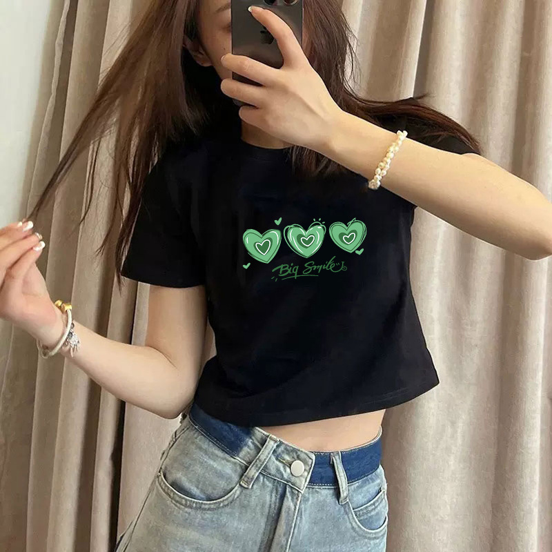 Pure cotton short-sleeved T-shirt for women, new summer style, high-waisted short, spicy girl style, slimming and petite, round-neck base layer pic 8