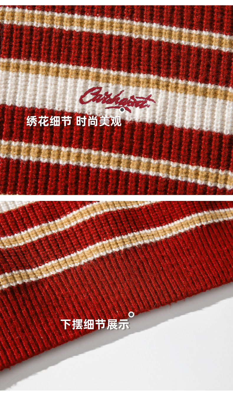 Retro color-blocking striped chunky knit sweater for both men and women, Japanese loose trendy round-neck knitted sweater jacket for autumn and winter pic 30