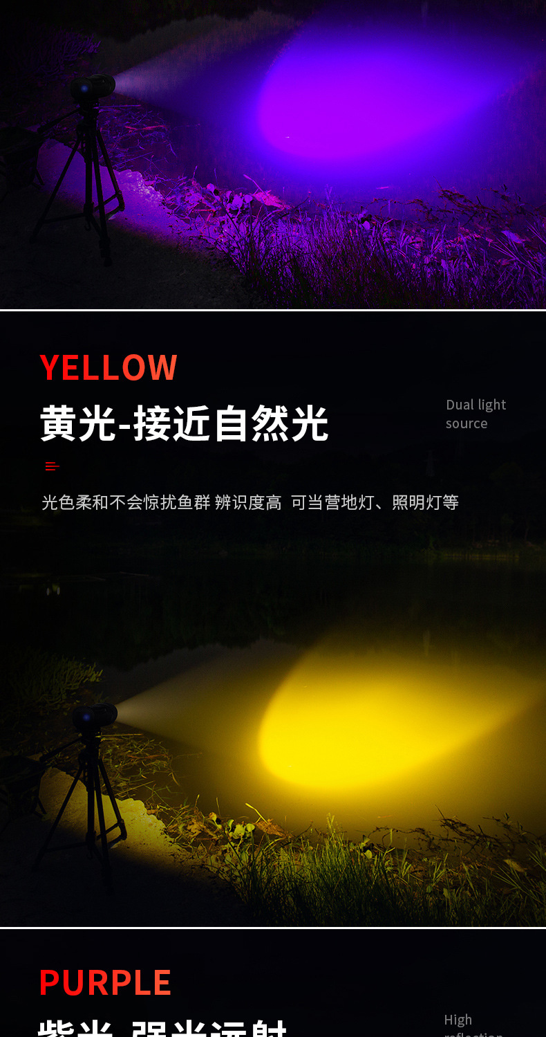 强光夜钓灯钓鱼灯变焦蓝白紫黄光大功率夜光台钓手电筒详情9