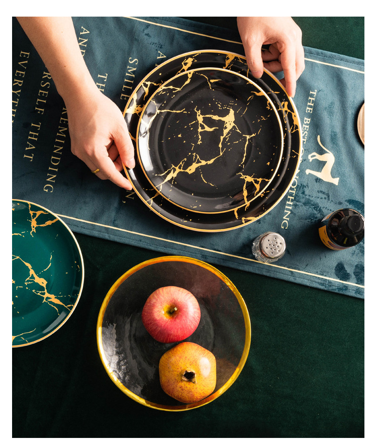 European-style gold-edge tableware, marble-patterned plates, Western plates, steak plates, household tableware, banquet dessert presentation model room pic 11