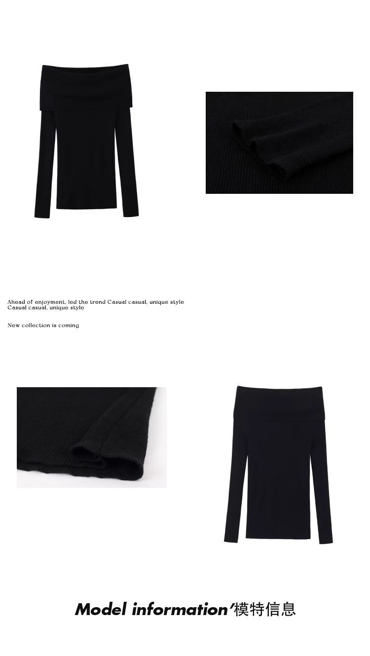 露肩一字肩上衣针织衫女秋装新款修身长袖红色漏肩黑色一字领毛衣详情2