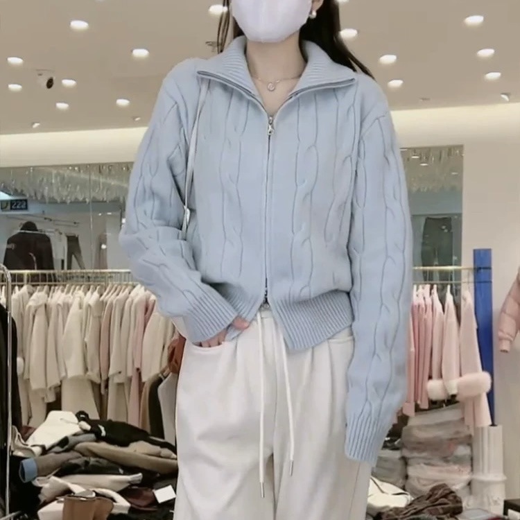 Solid-color casual double-zipper twisted knit cardigan coat, fashionable and versatile, new autumn and winter style sweater top for women pic 20