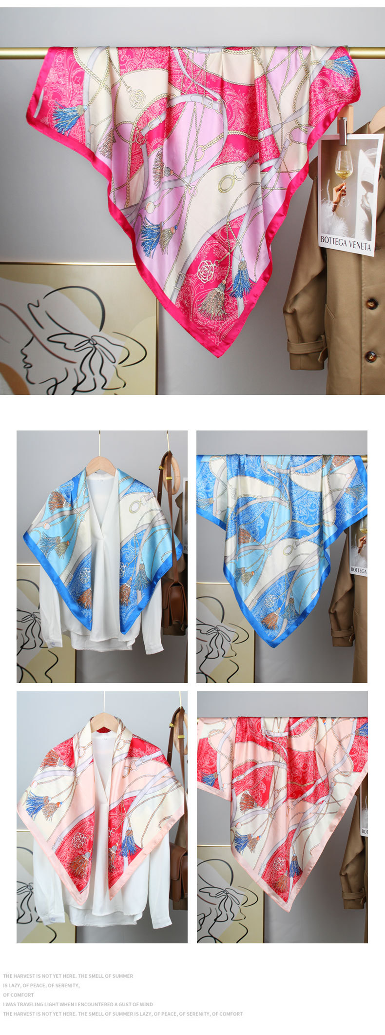 跨境热销90cm大方巾复古丝巾女法式高级感印花职业领巾色丁围巾批详情3