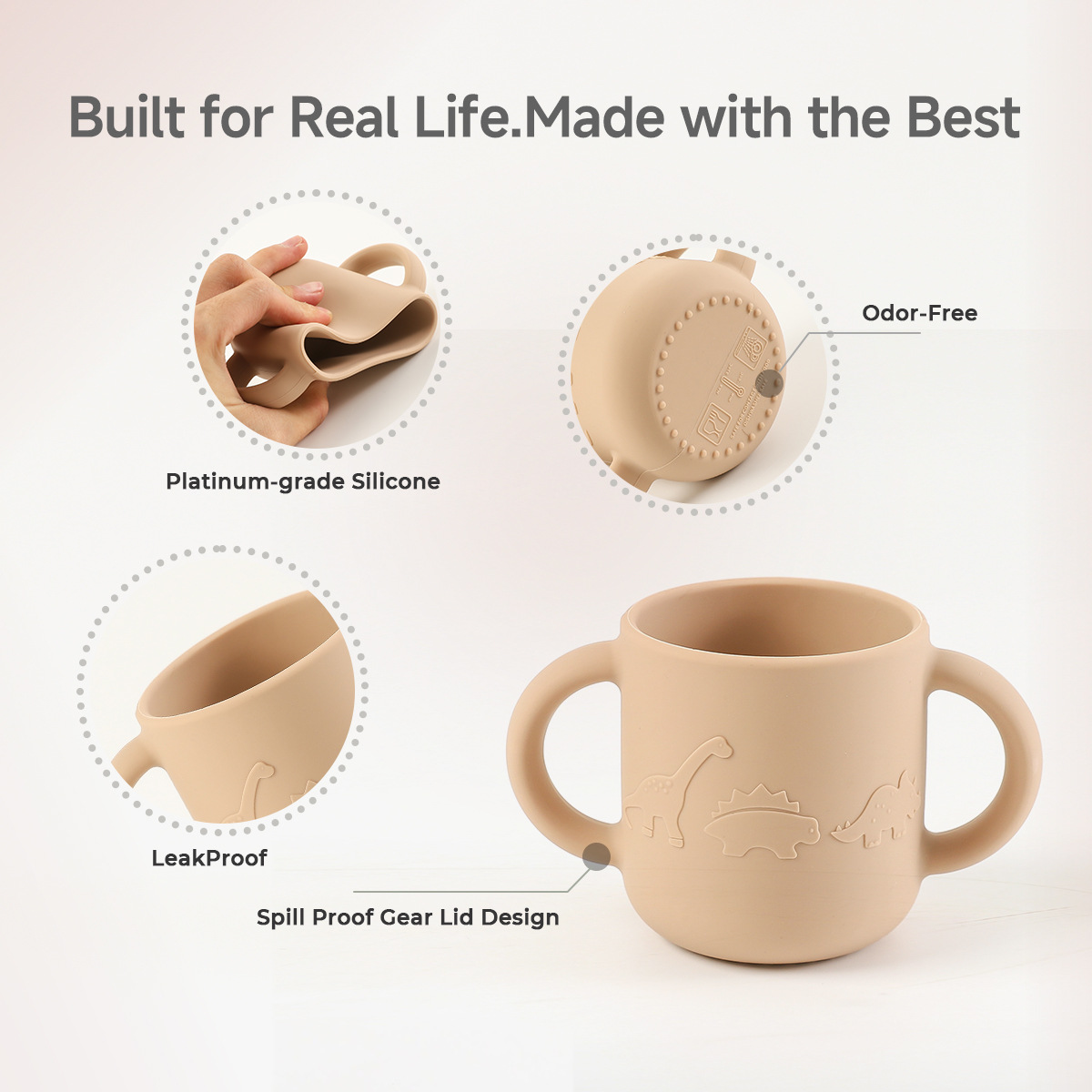 食品级儿童硅胶双耳杯新国标卡通婴儿耐摔耐高温硅胶喂养学饮水杯详情7